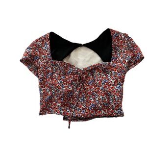 Floral Crop Top Short Sleeve Open Back Smocked Red Blue Ditsy Print Womens M y2k